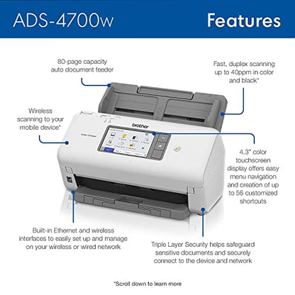 Brother ADS4700W Document Scanner Ethernet, USB, Wi-Fi 600 x 600 DPI 470 Watts