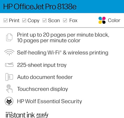 HP OfficeJet Pro 8138e Color Thermal Inkjet Printer ADF 4800 x 1200 dpi