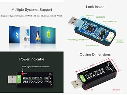 Waveshare USB Sound Card USB TO AUDIO Stereo 24 KHz External Audio Converter
