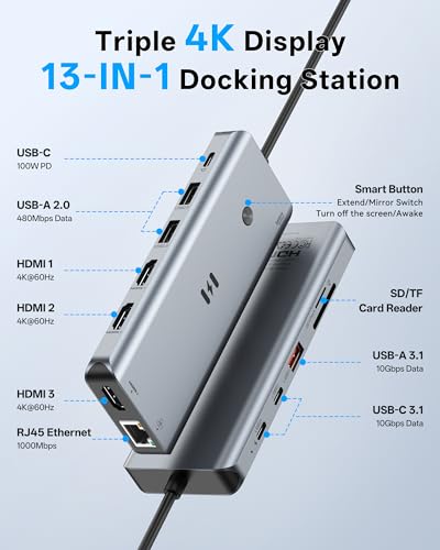 Selore&S-Global 13-in-1 USB C Docking Station 4K Triple HDMI 10Gbps USB A/C 3.1 100W Power Delivery