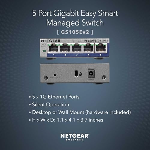 NETGEAR 5 Port Gigabit Ethernet Managed Switch GS105E-200NAS 12 Volts 1000 Mbps Plastic