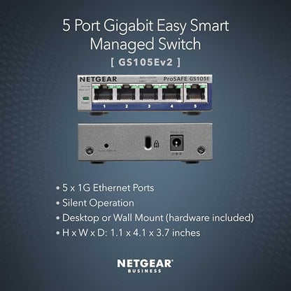NETGEAR 5 Port Gigabit Ethernet Managed Switch GS105E-200NAS 12 Volts 1000 Mbps Plastic