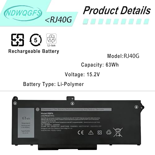 NDWQGFS 63Wh RJ40G Laptop Battery 12V 3941mAh Lithium Metal Rechargeable Battery 1 Count
