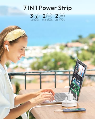 NTONPOWER Travel Power Strip NTON-APO-3A2U2C-US-WH-1.22M, 7 Outlets, 4 USB Ports, 125V-10A, Polycarbonate, White