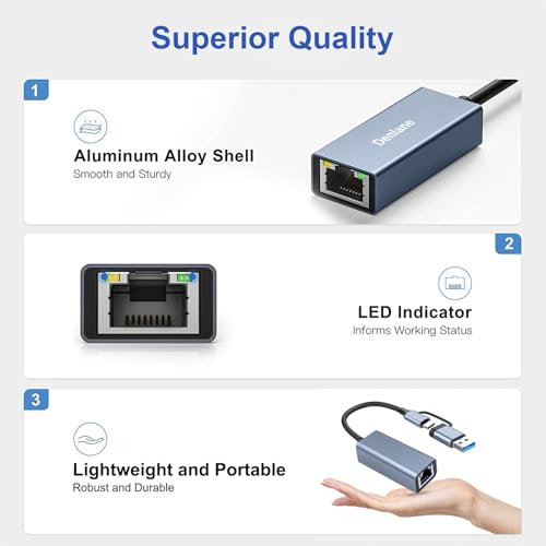 Denlane USB 3.0 to USB Type-C Ethernet Adapter 1000Mbps Dual Port