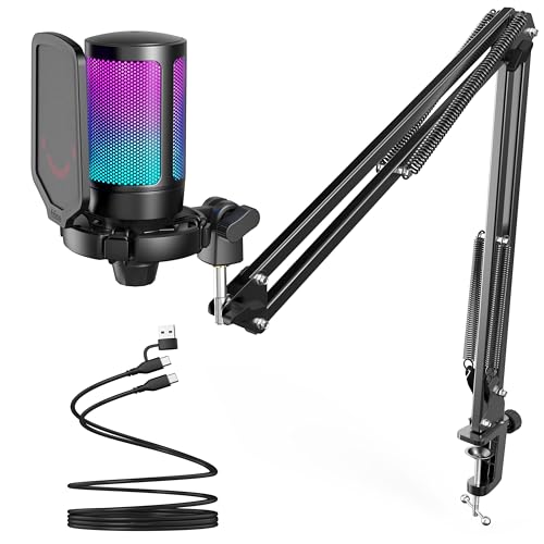 FIFINE AmpliGame A6T USB Condenser Microphone, Unidirectional, Boom Arm, Shock Mount, 16.54 x 6.42 x 4.29 inches.