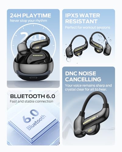Monster Open Ear AC390 Wireless Earbuds, Bluetooth 6.0, 24-Hour Battery Life, IPX5 Water Resistant, Touch Control, Open Ear Design