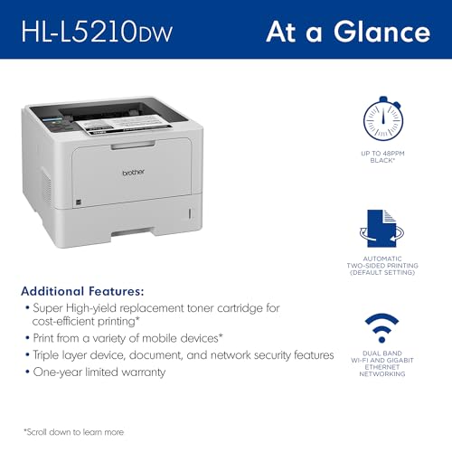 Brother HL-L5210DW Monochrome Laser Printer, 1200x1200 DPI, 48 ppm, Wireless, Duplex, 2 Trays, Ethernet and Wi-Fi Connectivity