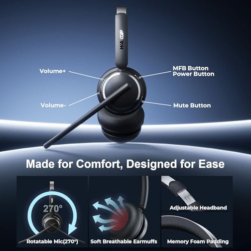 Waxop WX-HS003 Wireless Headset with Mic, Bluetooth 6.0, USB-A/C Dongle, 65-Hour Battery Life