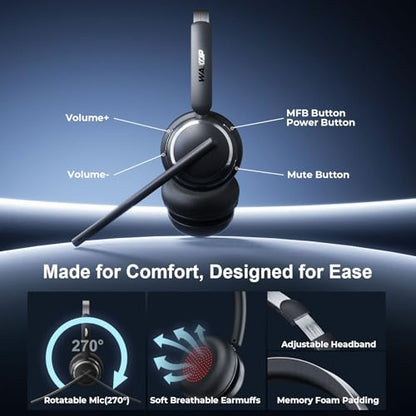 Waxop WX-HS003 Wireless Headset with Mic, Bluetooth 6.0, USB-A/C Dongle, 65-Hour Battery Life