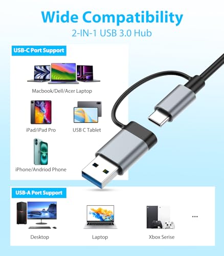 Denlane USB C Hub 8-in-2, USB 3.0, Aluminum Enclosure, for Desktops, Laptops, Tablets & Smartphones