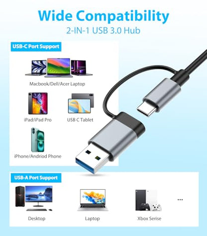 Denlane USB C Hub 8-in-2, USB 3.0, Aluminum Enclosure, for Desktops, Laptops, Tablets & Smartphones