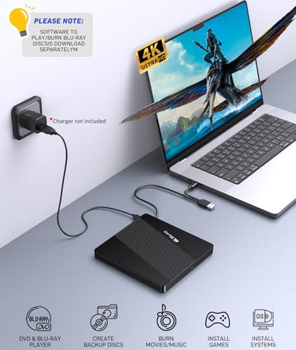 XRTFORE 5.7"x5.4" External 4K Drive USB 3.0 Optical Drive