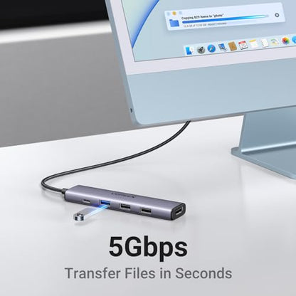 UGREEN USB C Hub 5-in-1 Multiport Adapter, 4K HDMI, 100W Power Delivery, 3 USB-A Data Ports, Grey