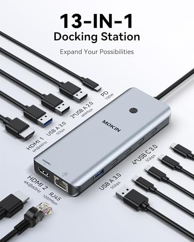 MOKiN 13-in-1 USB C Docking Station 2 HDMI 100W PD Aluminum Grey