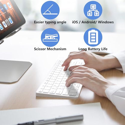 MMK Bluetooth Keyboard QWERTY Compatible with Android, iOS, Windows Devices, 78 Keys, Rechargeable Battery, Silent Operation, White