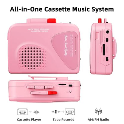 Mersoco Portable Vintage Cassette Player T201Pink USB Connectivity AM/FM Radio Battery Powered