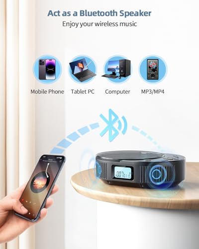FELEMAN Portable CD Player with Bluetooth Connectivity - USB Powered, 2 Speakers, Stereo Sound, for Home and Car Use