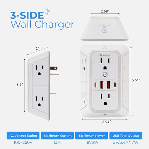 BlueStars Power Strip 6 Outlet 4 USB Ports 125V 1050 Joules