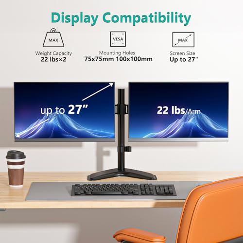 WALI 27 Inch Dual Monitor Stand MF002 Multi-Angle Adjustable Free Standing Black Computer Monitor Stand