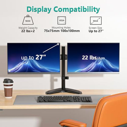 WALI 27 Inch Dual Monitor Stand MF002 Multi-Angle Adjustable Free Standing Black Computer Monitor Stand