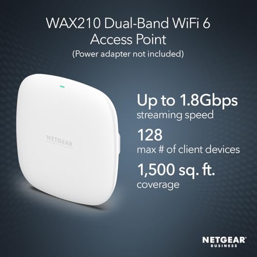 NETGEAR WAX210 Wireless Access Point - WiFi 6 Dual-Band AX1800 Speed | 1 x 1G Ethernet PoE Port | 802.11ax | Up to 128 Devices | Compact Design