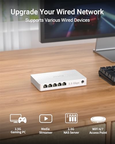 BrosTrend 5-Port 2.5G Ethernet Switch Unmanaged Ethernet Connectivity with 5 RJ45 Ports 2.5 Gbps Data Rate Desktop/Walls Mountable