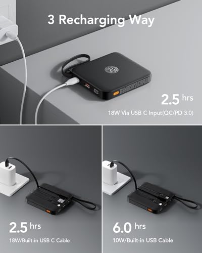 VRURC 10000mAh 22.5W Portable Charger T1173 with Built-in Cables