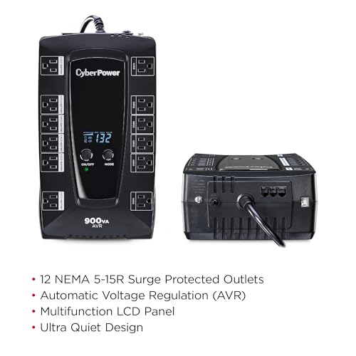 CyberPower 900VA/480W AVRG900LCD UPS System with 12 Outlets and AVR