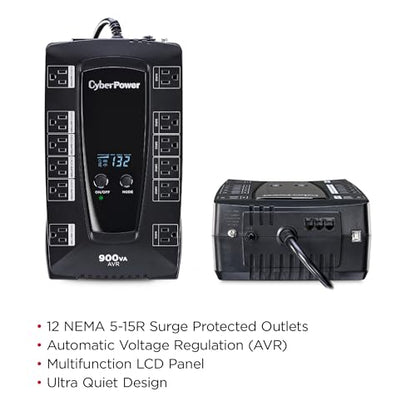CyberPower 900VA/480W AVRG900LCD UPS System with 12 Outlets and AVR