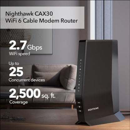 NETGEAR CAX30-100NAS Dual-Band Cable Modem Router Combo - 1 Gbps - Wi-Fi 6 - 3 Ports - Black