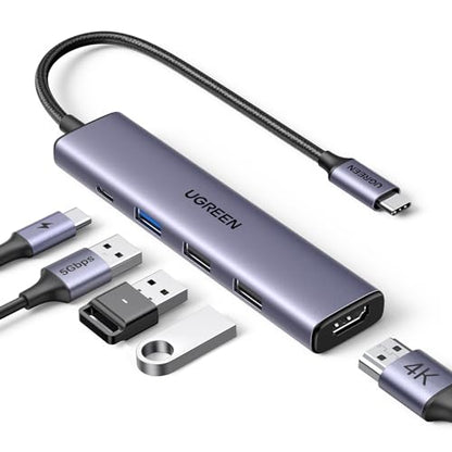 UGREEN USB C Hub 5-in-1 Multiport Adapter, 4K HDMI, 100W Power Delivery, 3 USB-A Data Ports, Grey