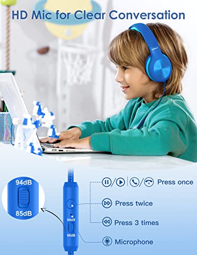 Nabevi BH100 Over Ear Headphones for Children, Wired Design with Adjustable Volume Limit, Built-in Microphone, Compatible with Most Devices
