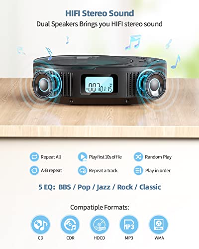 FELEMAN Portable CD Player with Bluetooth Connectivity - USB Powered, 2 Speakers, Stereo Sound, for Home and Car Use