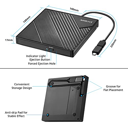 Amicool External DVD Drive Slim Portable USB 3.0 USB Type-C CD/DVD +/-RW Optical Drive Model A11