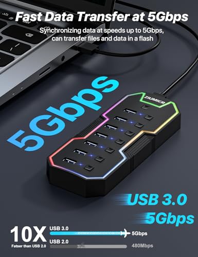 ZIUMIER USB Hub, 7 Ports, USB 3.0, 5Gbps, Black, Model L90
