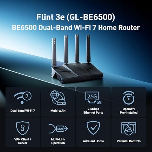 GL.iNet 1 Count GL-BE6500 WiFi 7 Router with 5 Ports 12.5 Gbps Data Rate Dual-Band Ethernet