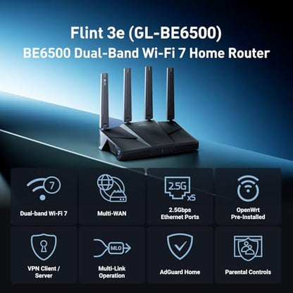 GL.iNet 1 Count GL-BE6500 WiFi 7 Router with 5 Ports 12.5 Gbps Data Rate Dual-Band Ethernet