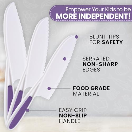 Zulay Kitchen 3 Piece Kids Knife Set - Blunt Tip - Purple - Safe For Cutting Fruits and Vegetables