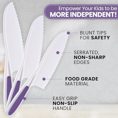 Zulay Kitchen 3 Piece Kids Knife Set - Blunt Tip - Purple - Safe For Cutting Fruits and Vegetables