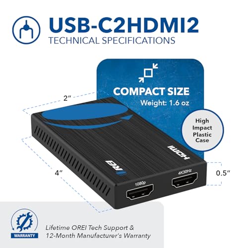 OREI 4 x 2 x 0.5 inches USBC2HDMI2 HDMI USB Type C Adapter 2 Ports