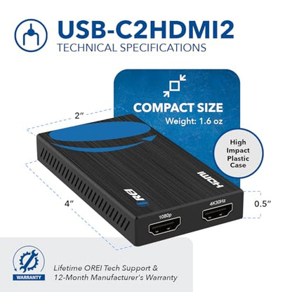 OREI 4 x 2 x 0.5 inches USBC2HDMI2 HDMI USB Type C Adapter 2 Ports