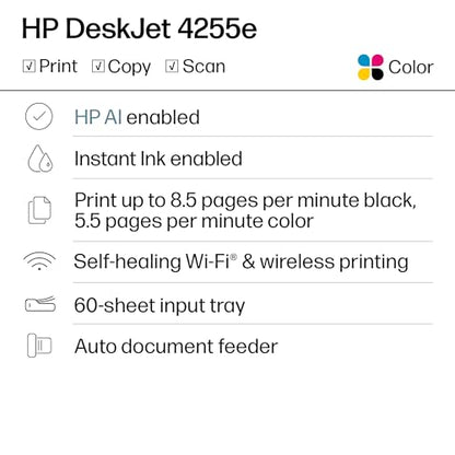 HP DeskJet 4255e Wireless All-in-One Inkjet Printer, 1200 x 1200 DPI, Color, Single Band Wi-Fi