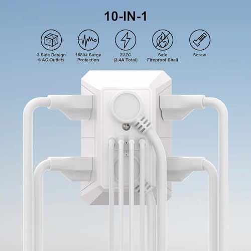 Teiobar Surge Protector 6 Outlets 4 USB Ports 125 Volts 15 Amps 1875 Watts White
