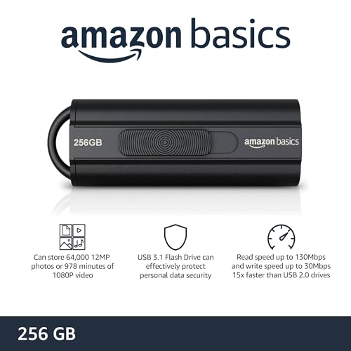 Amazon Basics 256 GB USB 3.0 Flash Drive, Model LS21USB256G1, Read Speed 130MB/s, Write Speed 30MB/s, USB Type A