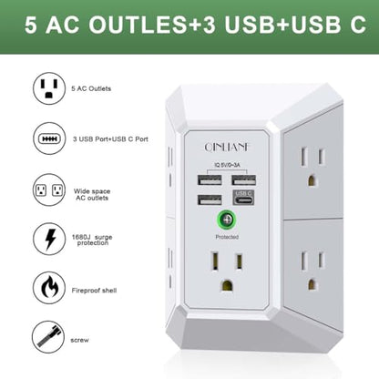 QINLIANF 5 Outlet Extender HR-519D 125 Volts 15 Amps Surge Power Strip with 4 USB Ports