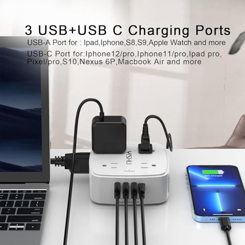 YISHU 4.33" x 4.05" AHR-803 Power Strip with 8 Outlets and 4 USB Ports, 125V, 10A