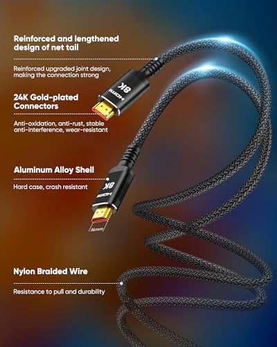 Snowkids 10 Feet HDMI 2.1 Cable 48Gbps 8K@60Hz Male-to-Male Braided Cable