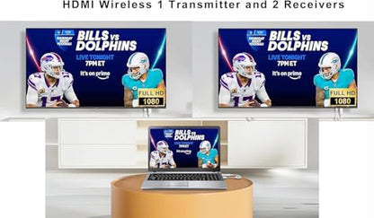 KVZOO Wireless HDMI Transmitter and 2 Receivers DT257W-H 1080P Compatible HDMI 5.1 Surround 2.4G+5G WLAN
