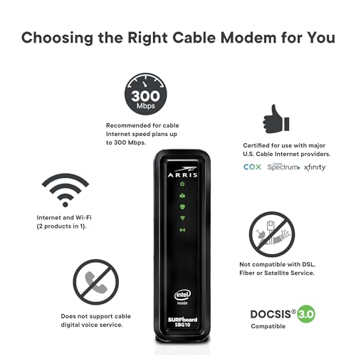 ARRIS SBG10 Modem Router Combo - 1600 Mbps Dual-Band Wi-Fi 5 Wireless, DOCSIS 3.0, 2 Ports